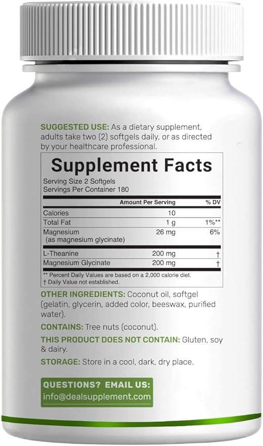 L-Theanine with Magnesium Glycinate 360 Softgels | L-Theanine 200mg &amp Magnesium Glycinate 200mg per Serving | 2-in-1 Amino Acid &amp Mineral Complex | Made with Coconut Oil | Non-GMO cGMP Manuf