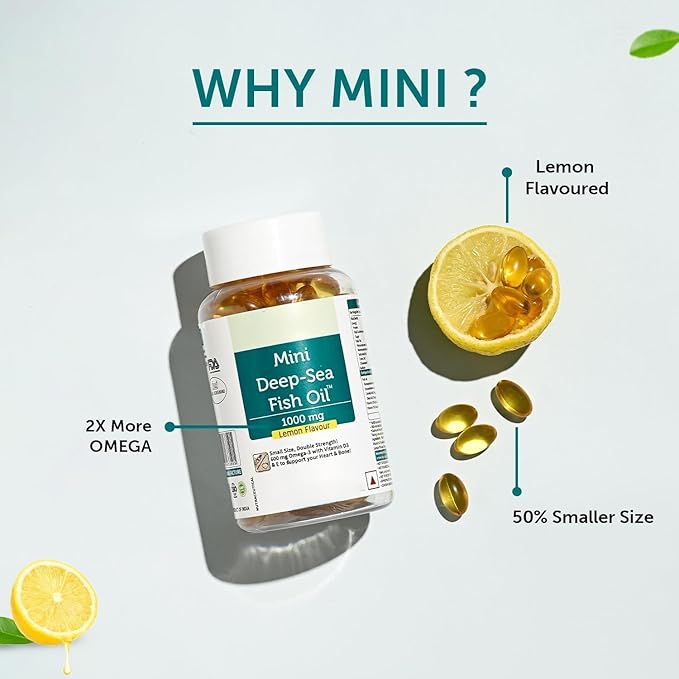 Generic Fish Oil 1000 mg with Lemon Flavour- 2X Omega 3 360mg EPA &amp 240mg DHA with Vitamin D3 &amp E | No Fishy Burps/After Taste Heart Health Support | 60 Softgels (30 Days Supply)