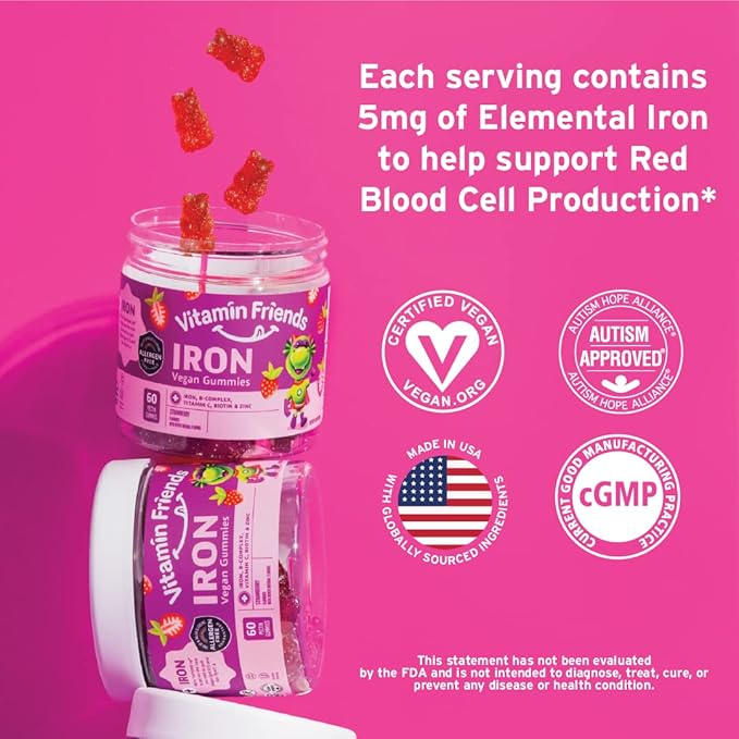 Vitamin Friends - Vegan Multivitamin &amp Iron for Kids - Daily Nutritional Support Gummies w/Ferrous Fumarate B-Complex Vitamin C Zinc Biotin - Body Function &amp Anemia - Strawberry (60 Day Su