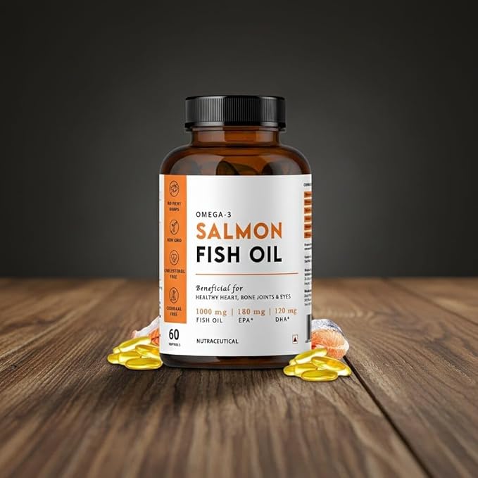 Naturix Omega 3 1000mg Salmon Fish Oil Capsules for Men &amp Women | 180mg EPA &amp 120mg DHA | No Fishy Burps | Supports Healthy Heart - 60 Softgels | Pack of 1