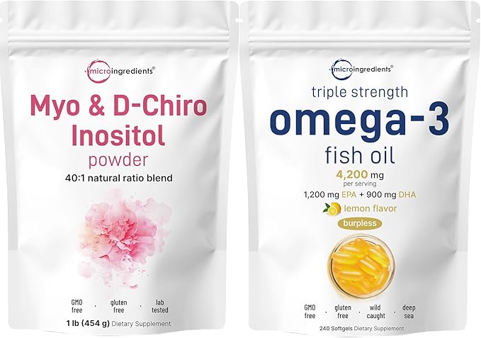 Micro Ingredients Omega-3 Fish Oil 4200 mg Softgels &amp Myo &amp D-Chiro Inositol Powder Bundle 2 Pack | Wild-Caught Fish Lemon Flavored Burpless | Inositol Supplement for Women