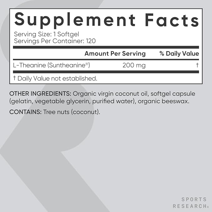 Sports Research Double Strength L-Theanine Supplement - Suntheanine Softgels for Focus Relaxation &amp Alertness - Non-Drowsy Support Made with Coconut Oil Non-GMO &amp Gluten Free - 200mg 120 Co