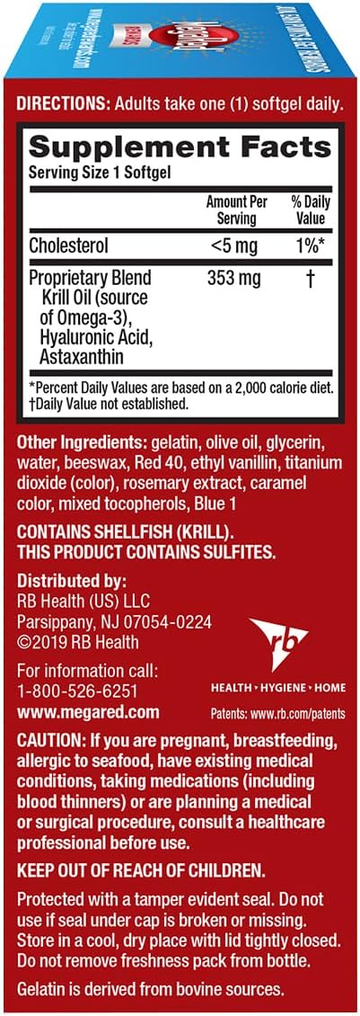 Omega-3 Krill Oil and Joint Supplement - Megared Joint Care 60 softgels - EPA/DHA fatty acids Antioxidants Hyaluronic acid No fishy burp aftertaste as with Fish Oil