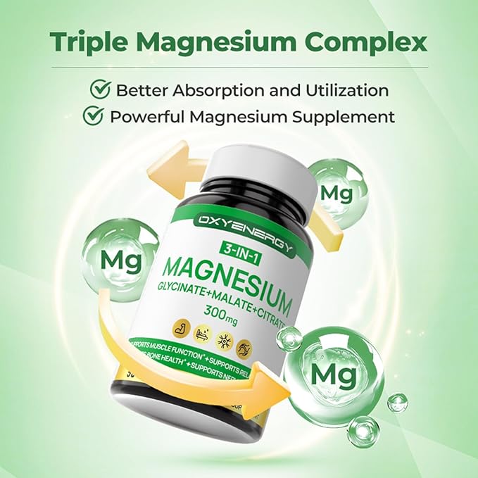 OXYENERGY Triple Magnesium Complex Supplement 3 in 1 Chelated Magnesium Capsules 300mg with Glycinate Malate Citrate per Servering High Absorption Bone Heart &amp Nerve Health Vegan 90 Capsules