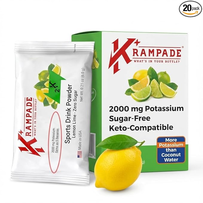 Krampade High Potassium Electrolytes Powder Zero Sugar Lemon Lime 4180mg Electrolytes 2000mg Potassium Cramp Relief &amp Prevention Cellular Hydration Better Endurance &amp Recovery Keto 20 S