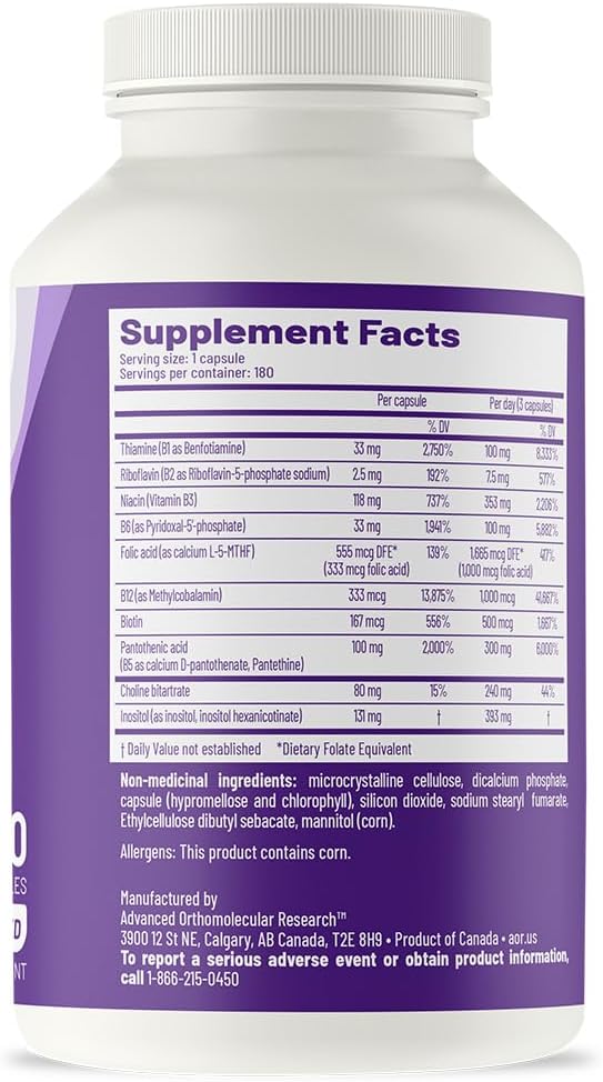 AOR Advanced B Complex 180 Vegetarian Capsules 60-180 Day Supply Full-Spectrum Vitamin B for Sustained Daily Vitality &amp Clarity