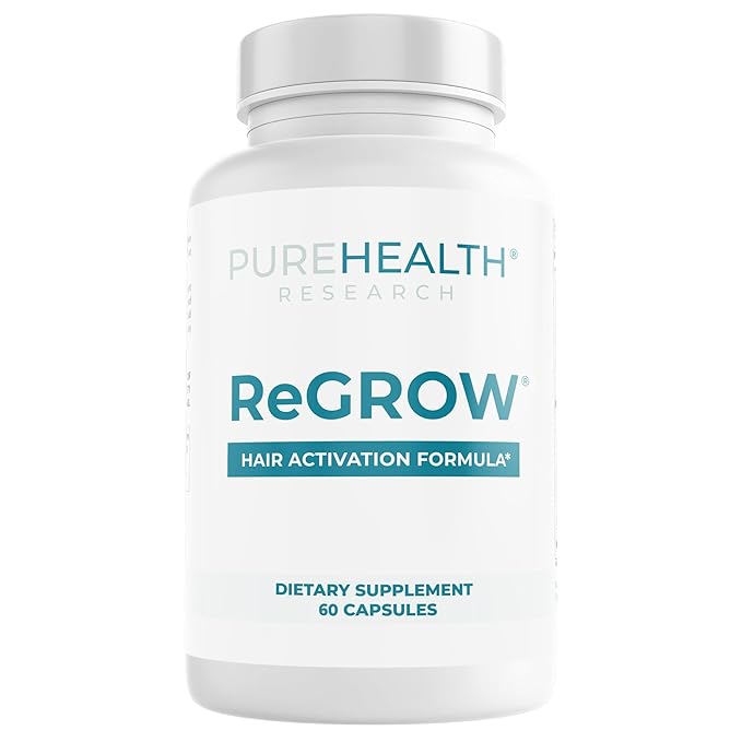 PUREHEALTH RESEARCH ReGrow - Hair Growth Vitamins - Hair Supplement for Scalp &amp Thickness Support - with Saw Palmetto Biotin Hydrolized Bovine Collagen Hydrolized Keratin &amp More - 60 Capsul