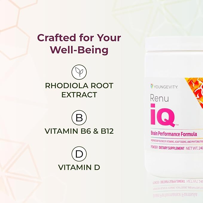 Youngevity Renu iQ™ - Brain Boost Anti-Aging Resveratrol Supplement with Grape Skin Bacopa Monnieri Rhodiola Root Polygonum Cuspidatum Root - Natural Energy - (312g)