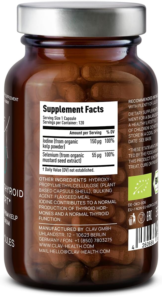 Organic Thyroid Support Supplement with Iodine from Sea Kelp Organic and Selenium from Mustard Seed Extract - 120 Capsules - Natural Thyroid Supplement for Men &amp Women - Vegan and Gluten Free