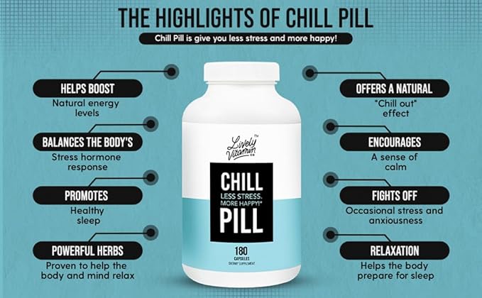 LIVELY VITAMIN CO. Chill Pill - Calm Mood - Relax - Restful Deep Sleep - REM - Stress - Anxiousness - Magnolia Bark - Chamomile - L-Theanine - Passionflower - 5-HTP - 180 Vegan Capsules