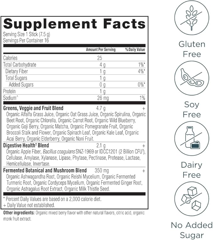Ancient Nutrition SuperGreens Powder with Probiotics Organic Berry Flavor Greens Made from Real Fruits Vegetables and Herbs Digestive and Energy Support 16 Stick Packs 4.2oz