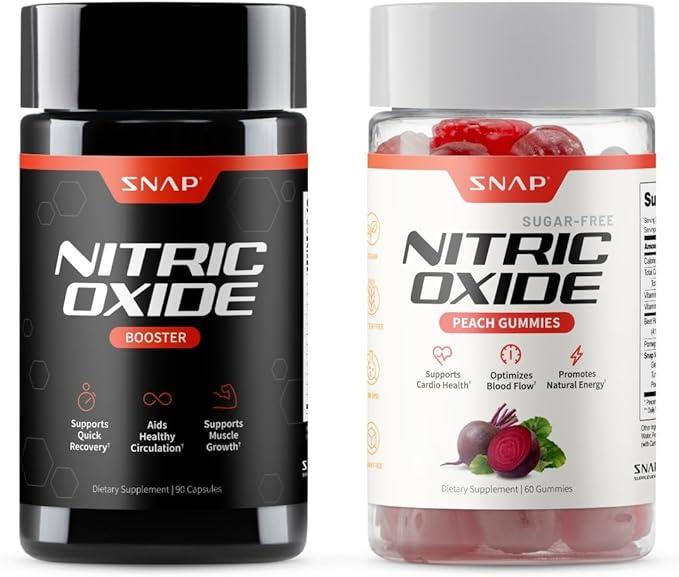 Snap Supplements Nitric Oxide Booster + Nitric Oxide Beet Root Gummies Bundle 90 Vegetarian Capsules + 60 Peach Gummies