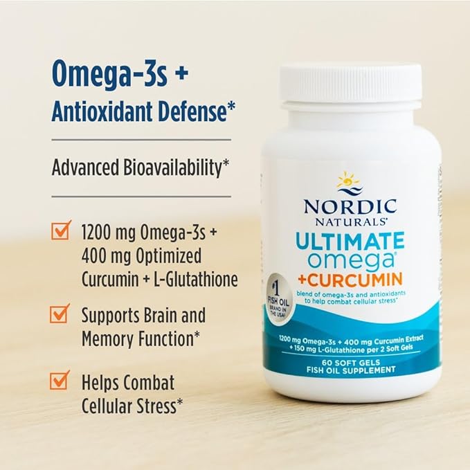 Nordic Naturals Omega Curcumin Lemon - 60 Soft Gels - 1200 mg Omega-3 + 400 mg Optimized Curcumin - Combats Cellular Stress - Non-GMO - 30 Servings