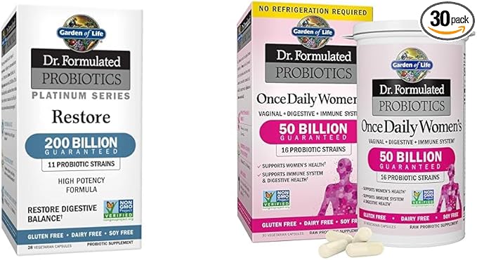 Garden of Life Dr. Formulated Probiotics Platinum Series Restore 200 Billion &amp Dr. Formulated Women's Probiotics Once Daily 16 Strains 50 Billion 30 Capsules