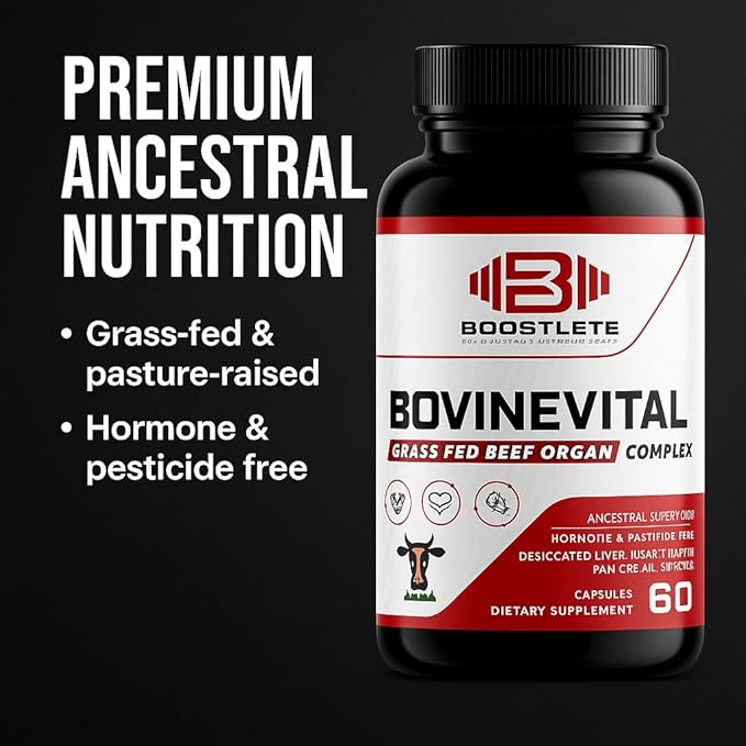 BovineVital Grass-Fed Beef Organ Supplement - Liver Heart Kidney Pancreas &amp Spleen – Natural Energy Digestion Immune &amp Cognitive Support – Non-GMO Hormone-Free – 120 Capsules