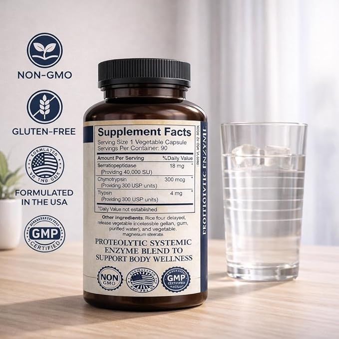 Proteolytic Enzymes 3X with SerrapeptaseTrypsin &amp Chymotrypsin | Reduces Edema &amp Irritation from Tissue Injury -Supports Body Wellness &amp Recovery- Digestive Supplement - 90 Capsules