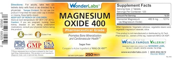 Wonder Labs Magnesium Oxide 400 483mg of Magnesium Oxide Pharmaceutical Grade** Compare to MAG-OX 400 ® - 250 Tablets