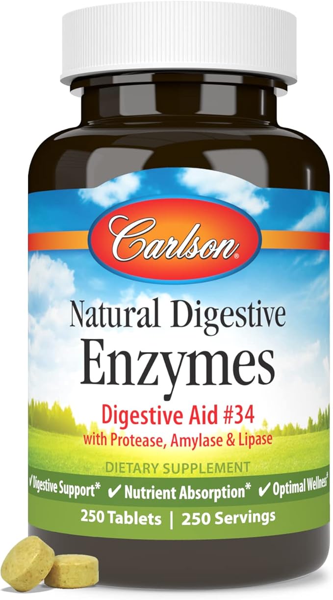 Carlson - Natural Digestive Enzymes Digestive Aid #34 with Protease Amylase &amp Lipase Digestive Support Nutrient Absorption &amp Optimal Wellness 250 Tablets
