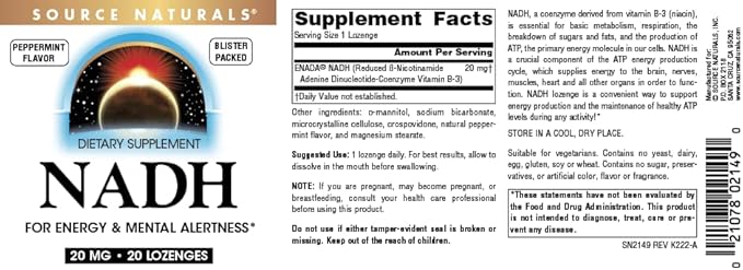 Source Naturals NADH 20mg Boost Energy and Mental Alertness* - 20 Lozenges