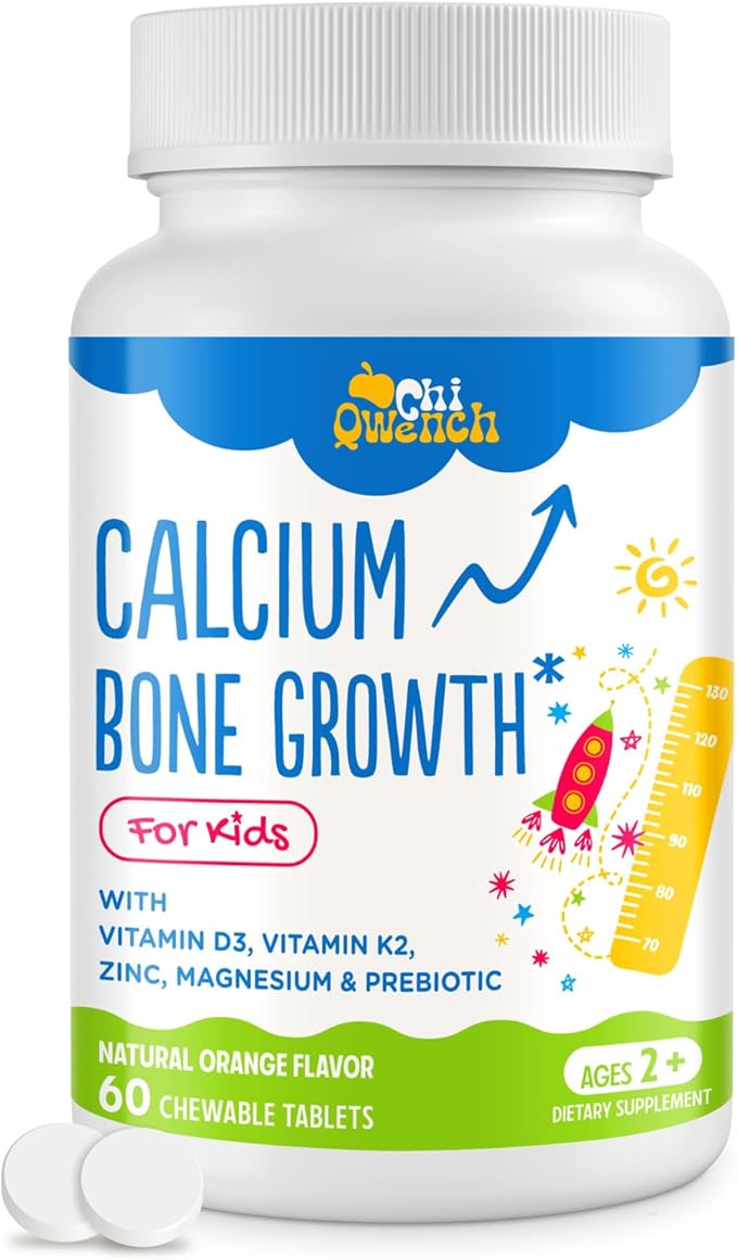 ChiQwench 500 MG Calcium Supplement with Vitamin D3 &amp K2 Zinc Magnesium &amp Prebiotics. Kids Vitamins for Kids' Height. Bone Strength High Absorption Orange Chewables Non-GMO Gluten Free