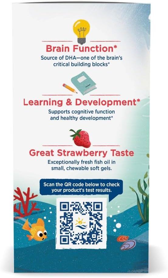 Nordic Naturals Children’s DHA Strawberry - 90 Mini Chewable Soft Gels for Kids - 250 mg Omega-3 with EPA &amp DHA - Brain Development &amp Function - Non-GMO - 22 Servings (Pack of 2)