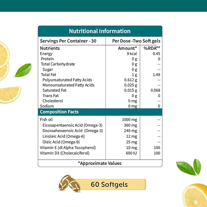 Generic Fish Oil 1000 mg with Lemon Flavour- 2X Omega 3 360mg EPA &amp 240mg DHA with Vitamin D3 &amp E | No Fishy Burps/After Taste Heart Health Support | 60 Softgels (30 Days Supply)