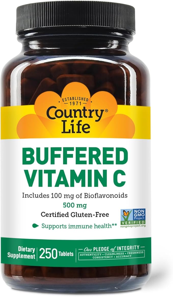 Country Life Vitamin C Buffered with Bioflavonoids 500mg 250 Tablets Certified Gluten Free Certified Vegan