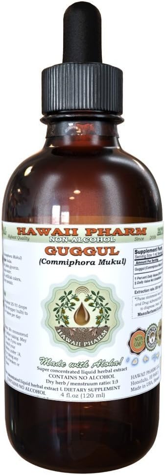 Hawaii Pharm Guggul Alcohol-Free Liquid Extract Guggul (Commiphora Mukul) Unprocessed Gum Resin Glycerite Natural Herbal Supplement 2 oz