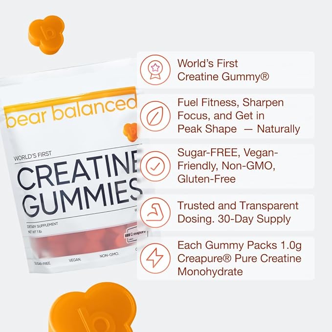 Bear Balanced Creatine Gummies for Men &amp Women - Creapure® Creatine Monohydrate L-Theanine L-Tyrosine &amp B12 for Muscle Growth Strength Focus Energy &amp Health - Low Calorie Sugar-Free