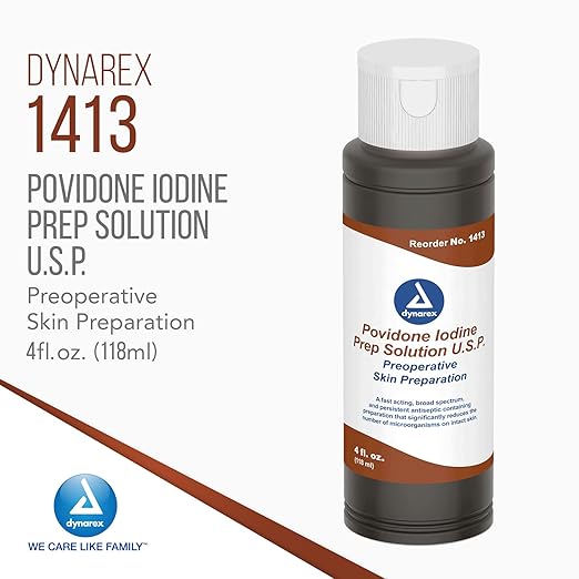 Dynarex Povidone-Iodine Prep Solution Antiseptic Solution for Skin and Mucosa Ideal for Surgical Site Preparation Contains Povidone Iodine 10%1 Case of 48 4 fl. oz. Bottles