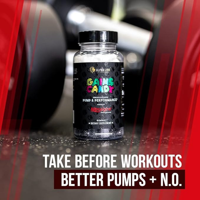 ALPHA LION Gains Candy Supplement Pills for Muscle Pump &amp Blood Flow Nitric Oxide Booster Supports Mental Focus Use Daily to Upgrade Workout Performance 63 Capsules (Nitrosigine)