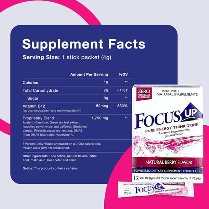 FocusUP Think Drink – Natural Energy &amp Focus Supplement Powder with Acetyl L-Carnitine Rhodiola DMAE &amp Huperzine-A | Brain Support Mental Clarity &amp Smooth Energy | 12 Sugar-Free Stick P