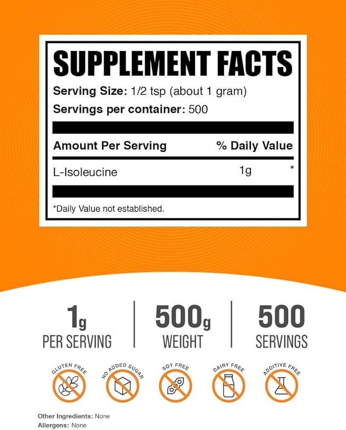 BulkSupplements.com L-Isoleucine Powder - BCAA Powder Amino Acid Nutritional Supplement - Vegan &amp Gluten Free 1g per Serving 500g (1.1 lbs) (Pack of 1)