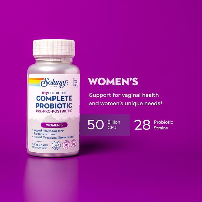 SOLARAY Mycrobiome Complete Probiotic Women’s Formula - Vaginal Probiotics for Women Plus Pre and Postbiotic - 50 Billion CFU 28 Strains - Vegan Gluten Free - 30 Serv 30 VegCaps