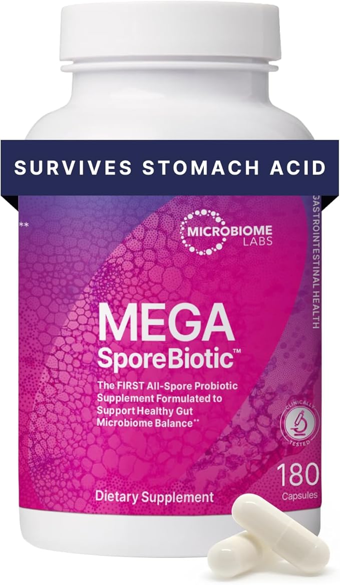 Microbiome Labs MegaSporeBiotic Probiotics for Women &amp Men - Spore-Based Probiotic for Gut Health &amp Digestive Support - Shelf-Stable Travel-Friendly Mens &amp Womens Probiotics (180 Capsule