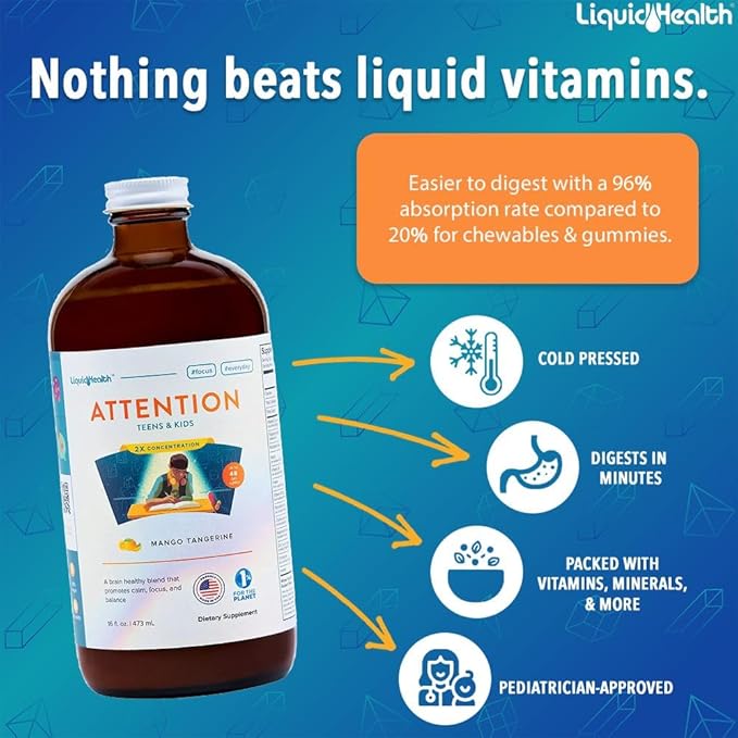 LIQUIDHEALTH Attention Liquid Multivitamin for Kids &amp Teens - Improves Memory Retention Concentration Focus Mood Relaxation &amp Calming - Made in the USA Great Taste Vegan Sugar-Free (2