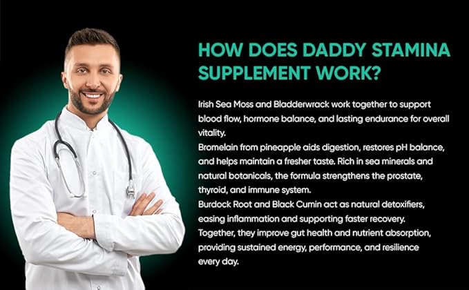 Daddy Stamina Sea Moss Can with 120 Capsules - Pure Seaweed Supplement for Energy and Skin Health Ultimate Anti-Aging Natural Supplement for Men