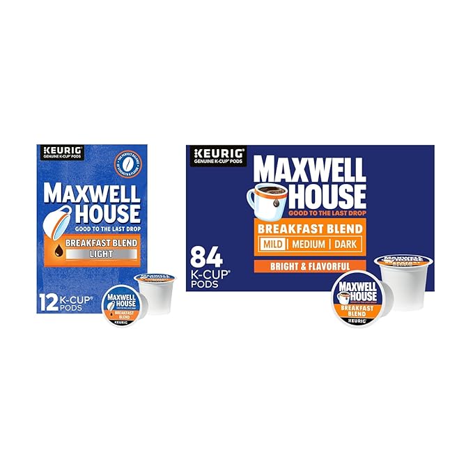 Maxwell House House Blend Medium Roast K-Cup Coffee Pods 84 CT + Breakfast Blend Light Ground Coffee K-Cup Pods 12 CT (Variety Pack)