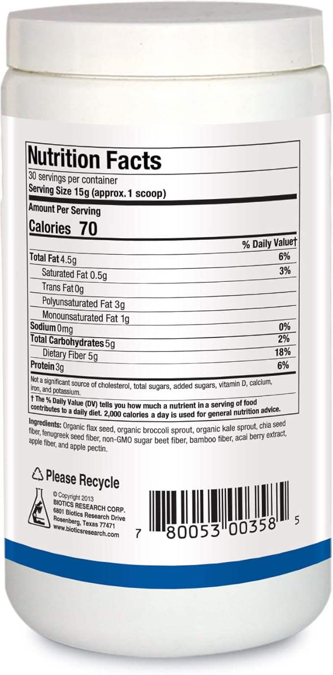 BIOTICS RESEARCH BioFiber Complete - 10 Whole Food Fibers (Organic &amp Non-GMO) 5g of Fiber Per Serving Easy-to-Mix Powder Prebiotic Gut Support 15.9 Oz