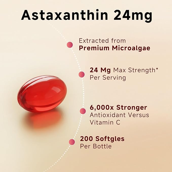GBN Astaxanthin Supplements 24mg 200 Softgels Supports Eye Skin Joint Brain Heart &amp Immune System Health Stamina &amp Healthy Aging for Women &amp Men Fresh Microalgae Source