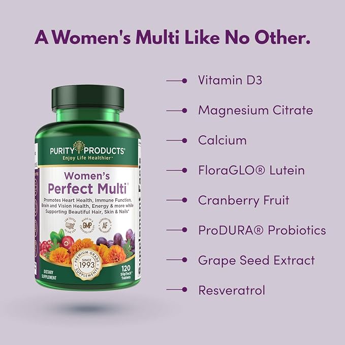 Purity Products Women’s Perfect Multi Balanced Multivitamin - Supports Urinary Tract Health Immune Bone + Muscle Hair Skin Nails an Elite Probiotic for Digestive Health + More - 120 Tablets