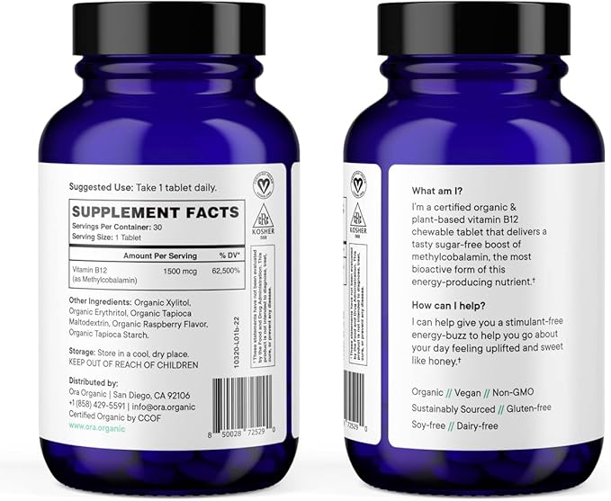 Ora Organic Vitamin B12 1500mcg - Plant-Based methylcobalamin for Adults - Natural Stimulant-Free Energy Raspberry Flavor chewable Tablets no Added Sugar - 30 Tablets (Pack of 2)
