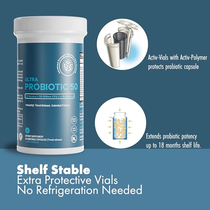 Life &amp Food Ultra Probiotic 50 Billion CFU w/Sunfiber Prebiotics - Once Daily Time Release Caps Shelf Life Protection (60ct)