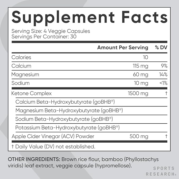Sports Research® Keto Plus ACV Capsules - Diet Support with 500mg of Apple Cider Vinegar &amp 1500mg goBHB® Exogenous Ketones - Gluten Free &amp Keto Certified - 120 Veggie Capsules