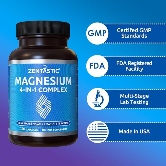 Zentastic Magnesium Complex 4-in-1 Supplement – Magnesium Glycinate Malate Taurate &amp Lactate – Chelated High Absorption for Nerves Muscles Bones &amp Immune Support – 120 Capsules