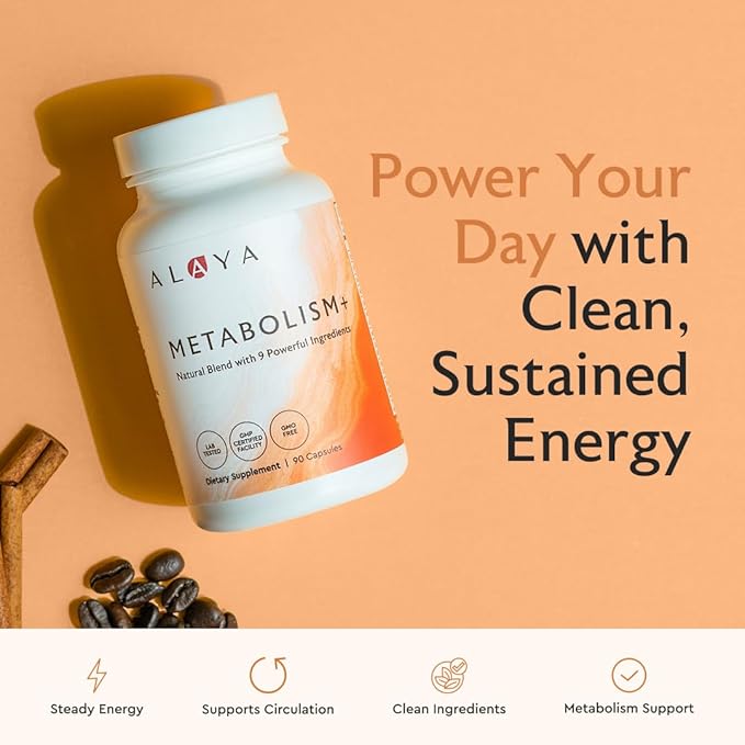Alaya Naturals Metabolism+ Natural Energy with Green Tea Cinnamon Beet Root Caffeine Non-GMO– 60 Capsules