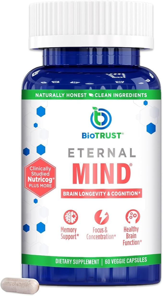 BioTrust Eternal Mind Brain Supplements for Memory &amp Focus - Sharpen Mental Agility Recall &amp Concentration with Age - Clinically Studied Supplement for Longevity &amp Cognition - 30 Servings
