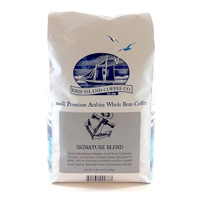 Erie Island Coffee Whole Bean Signature Blend Medium Roast 2 LB. Bag Flavorful Blend of Monsoon Malabar Costa Rican Columbian Viennese and Sumatra