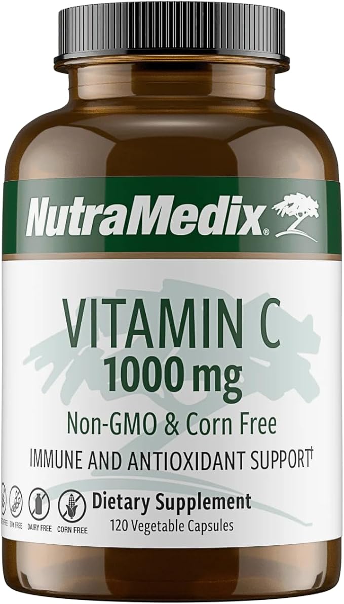 NutraMedix Corn-Free Vitamin C Capsules - Antioxidant &amp Seasonal Immune Support - Vitamin C Supplement with Ascorbic Acid Sourced from Tapioca - 1000 mg (120 Vegetable Capsules)