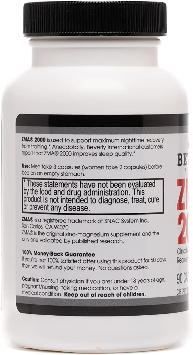 Beverly International ZMA 2000 90 Capsules. BI’s Formulation is Designed to Improve Muscle Strength Endurance Immune System Support and Recovery Post Training. Zinc Magnesium Aspartate + Vitamin B6